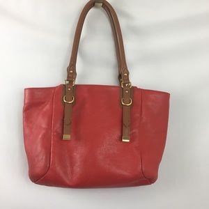 SALE**Red Leather Shoulder Bag Tote Tan Trim